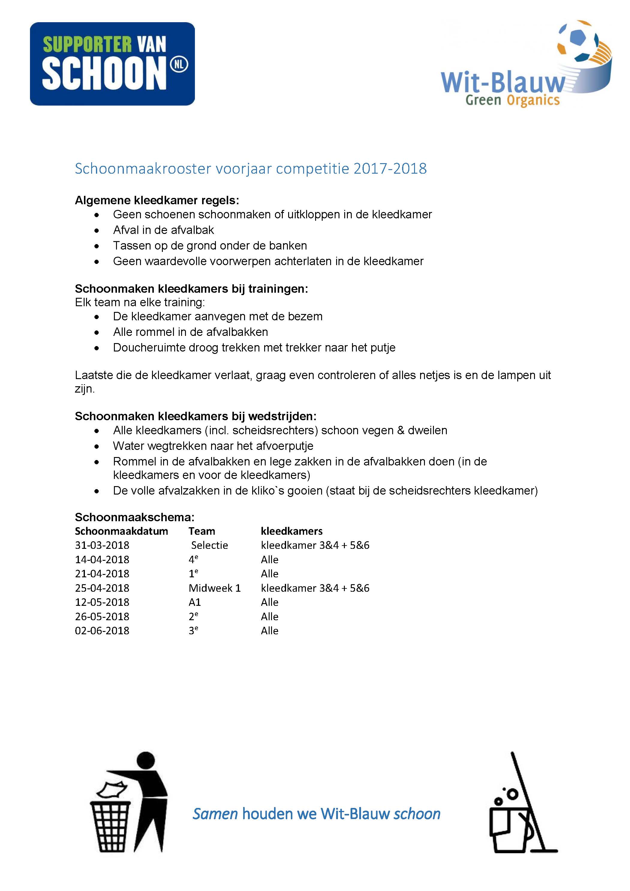 Schoonmaakrooster voorjaar competitie 2018